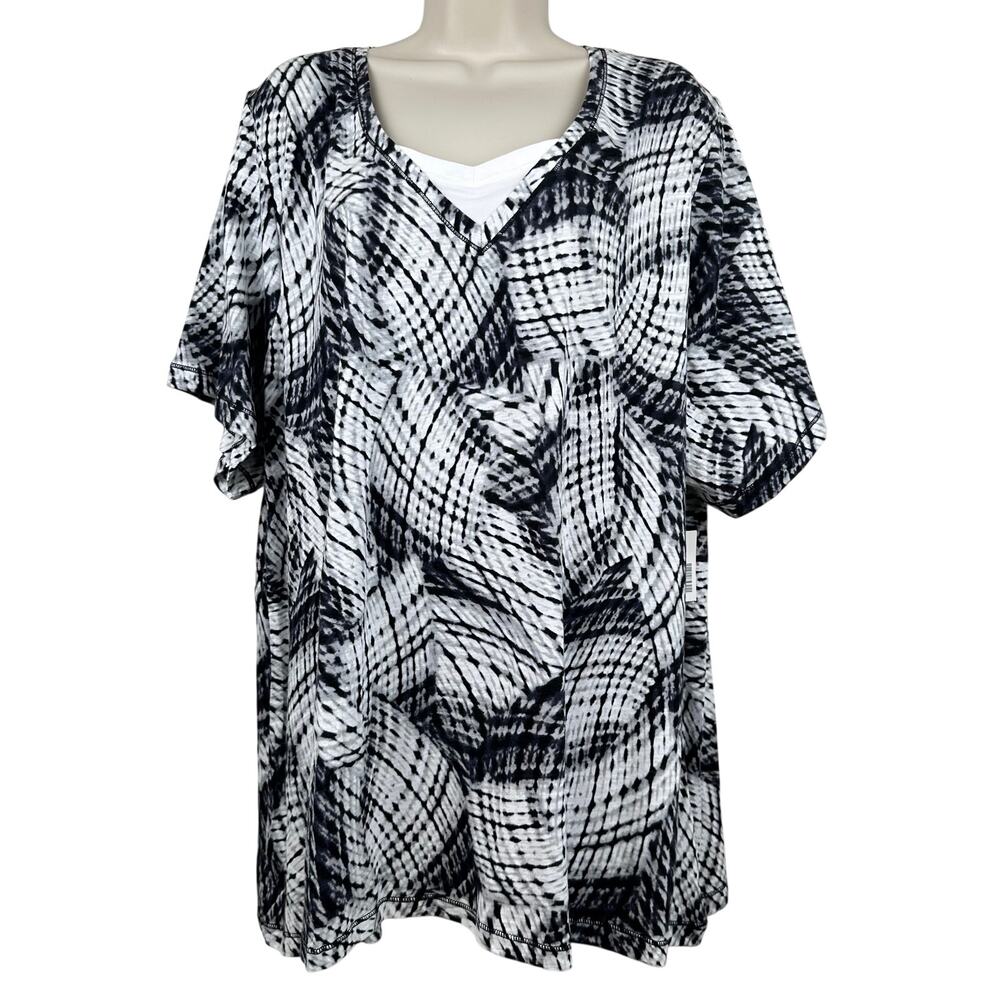 NEW Catherines 100% Cotton Blouse Top Abstract Short Sleeve Black White 3X